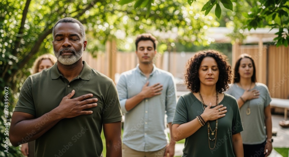 Obraz premium Group practice of mindfulness meditation in a serene outdoor setting during daytime