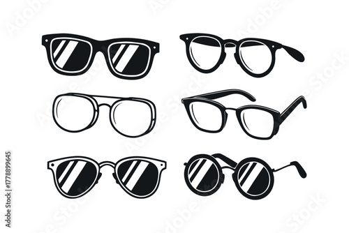 Collection of Various Eyewear Styles and Sunglasses Silhouettes