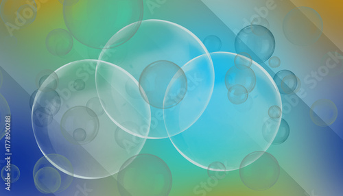 Abstract background with transparent soap bubbles floating on a blurred backdrop