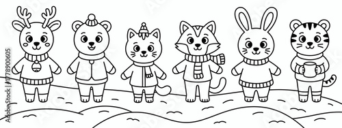 A charming black and white illustration of cartoon animals in winter gear, set against a whimsical snowy landscape, perfect for children's stories and creative inspiration.