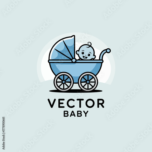 This delightful illustration captures an adorable baby joyfully waving from a blue baby stroller, symbolizing fun and the innocent joys of early childhood exploration.