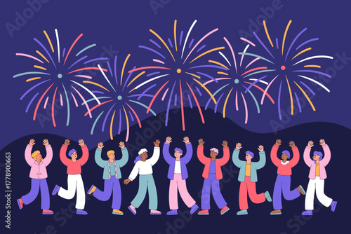A joyful group of people dancing together with their hands raised in excitement as colorful fireworks fill the night sky in a festive atmosphere.