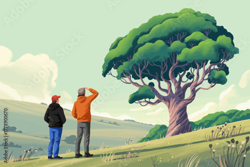 In this engaging artwork, two explorers stand in awe of a unique tree in the wilderness, highlighting themes of adventure, companionship, and the wonder of natural beauty.