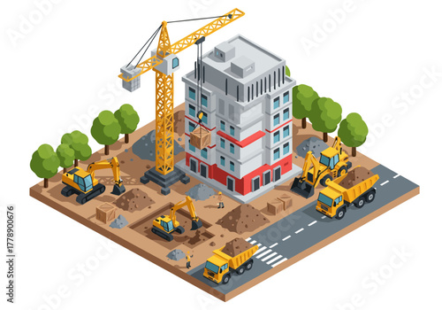 Construction site isometric coloring page for kids with crane, trucks, and building. 5