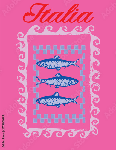 sardines fish seafood lobster European cute motifs checker euro Trending t-shirt design Slogan Logo Graphic Vector Tee shirt fruit apparel print Mediterranean style vector orange waves vintage cafe 