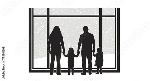 Silhouette of a family of four looking out a large window on a snowy day.