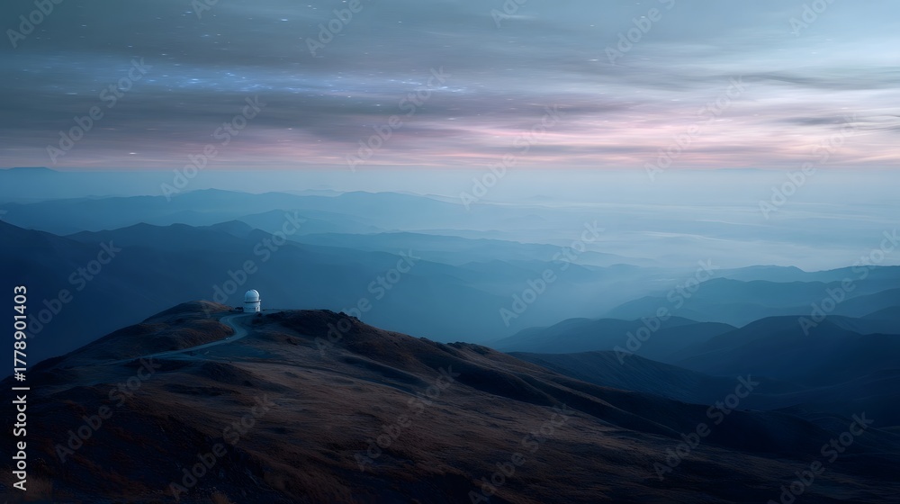 Fototapeta premium A serene mountain landscape at dawn or dusk with a remote observatory on a peak under a cloudy sky and valley fog