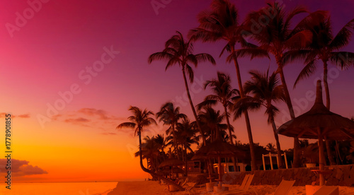 Fototapeta Naklejka Na Ścianę i Meble -  Banner Summer with sunset scene as palm trees on the beach background