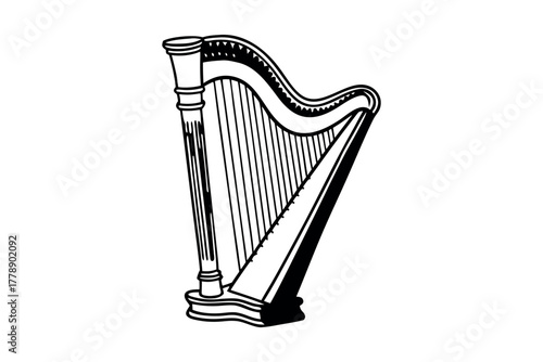Line drawing of a large pedal harp with many strings