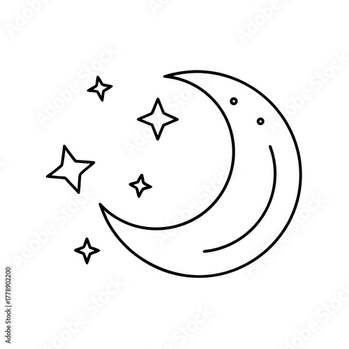 Simple line art crescent moon and stars illustration for nighttime themes