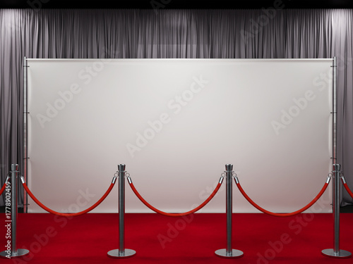 White Backdrop Mockup 3D Rendering Showing a Line of Stanchions with Red Ropes, and Gray Curtains.