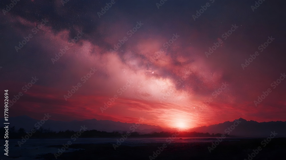 Fototapeta premium A vibrant crimson sunset merges with the majestic Milky Way galaxy over a serene mountain landscape