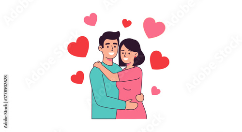 Illustration of affectionate couple embracing surrounded by romantic hearts in gentle colors