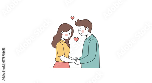 Charming doodle illustration of a young couple holding hands with floating hearts expressing