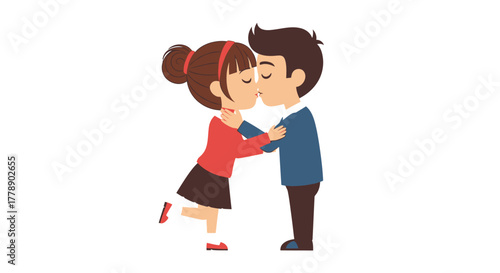 Animated young couple embracing in a kiss expressing love and connection in a vector illustration