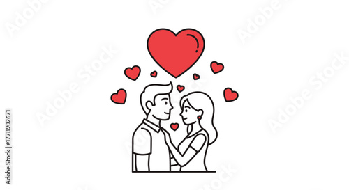 Romantic couple surrounded by hearts illustration, symbolizing love and connection, line art design