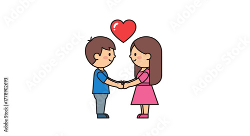 Cartoon couple holding hands under a red heart illustrating romantic affection and connection