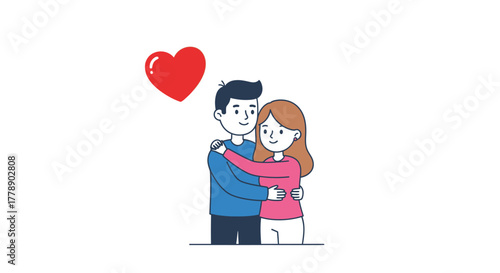 Romantic cartoon illustration of a loving couple embracing with a floating heart symbolising