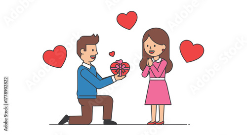 Charming cartoon illustration of a romantic proposal scene, expressing love and affection for a
