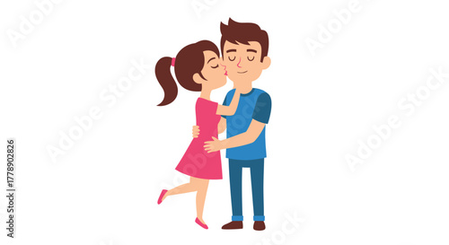 Romantic cartoon illustration of a young couple expressing their affection through a loving kiss