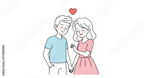 Sweet cartoon couple holding hands under a floating heart, embodying affection and romanticism in