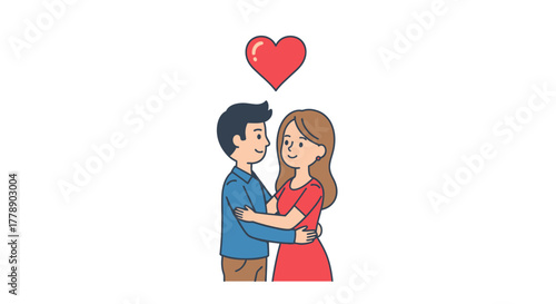A cartoon illustration showcasing a young couple embracing with a heart above symbolizing affection