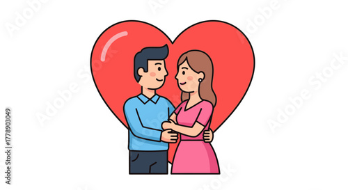 Romantic embrace: couple in love with a big heart backdrop conveying affection and togetherness
