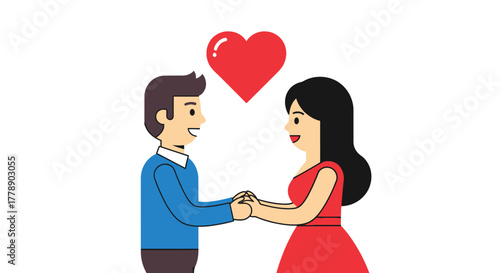 Romantic encounter between a happy couple holding hands under a floating heart illustration