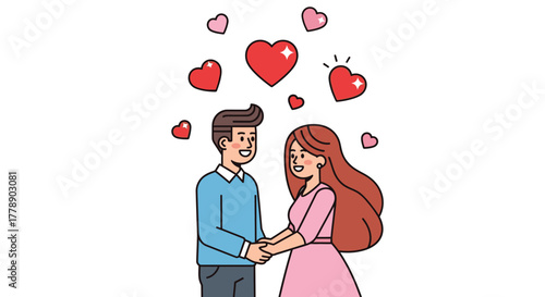 Cartoon couple holding hands surrounded by hearts, expressing love and affection with simplistic