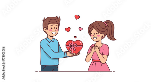 Romantic gesture of love illustration with a man giving a heart-shaped gift to a woman cartoon