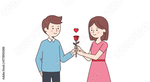 Charming cartoon illustration of a young man offering a rose to a young woman with heart
