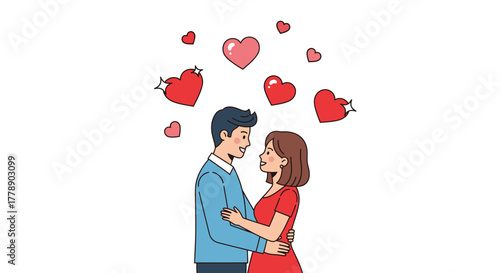 Romantic cartoon illustration of couple in love surrounded by floating hearts expressing affection