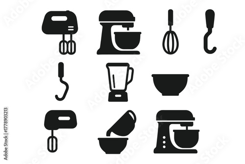 Kitchen appliances silhouette icon set. featuring mixer, blender, whisk, bowl, dough hook, stand mixer