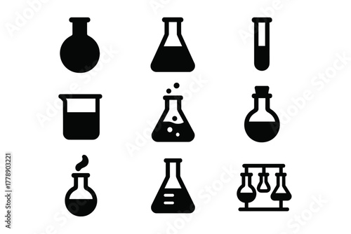 Science tools silhouette icon set. featuring flask, beaker, test tube, round bottom, and erlenmeyer