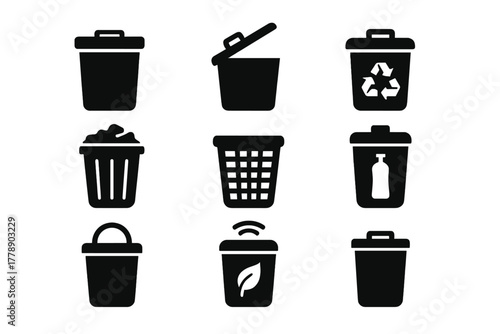 Recycling and waste management silhouette icon set. featuring bins, recycling, trash, waste, and compost symbols