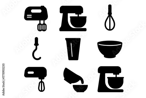 Kitchen appliance silhouette icon set. featuring mixer, whisk, dough hook, bowl, and measuring cup