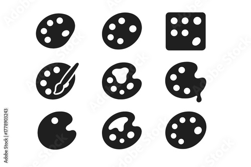 Art tools silhouette icon set. featuring paint palette, colors, brush, and art supplies symbols