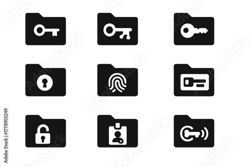 Security silhouette icon set. featuring key, lock, fingerprint, id, and folder symbols