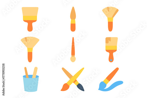 Art tools flat icon set. featuring paintbrushes, palette, and painting tools symbols