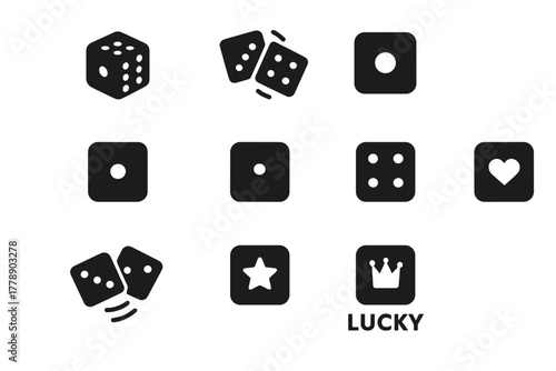 Casino and gaming silhouette icon set. featuring dice, lucky star, heart, and crown symbols