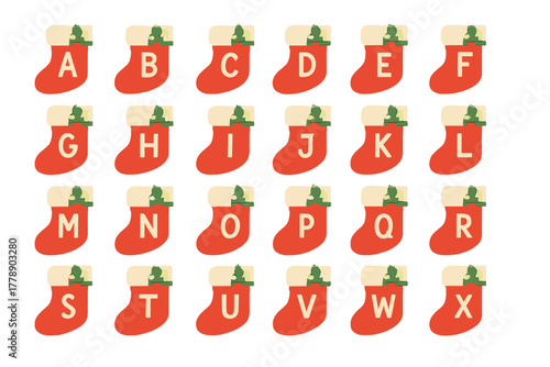 Christmas stocking flat icon set. featuring alphabet letters a to x in holiday stockings