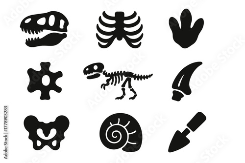 Paleontology silhouette icon set. featuring dinosaur skull, skeleton, fossil, ribcage, footprint, and more