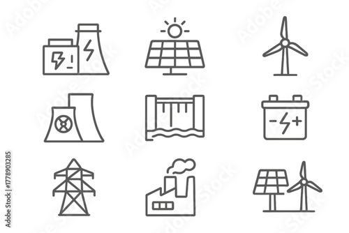 Energy sources linear icon set. featuring battery, solar panel, wind turbine, nuclear plant, hydro dam, coal factory