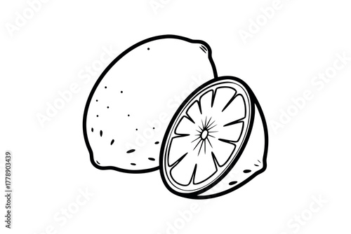 Line drawing of a whole and halved citrus fruit