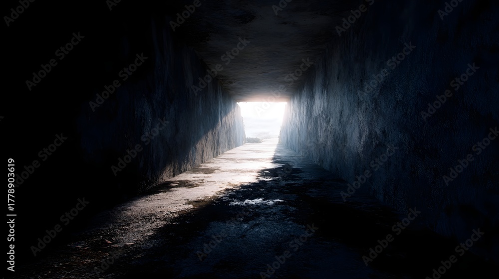 Fototapeta premium A dark rough textured tunnel leading to a bright illuminating exit
