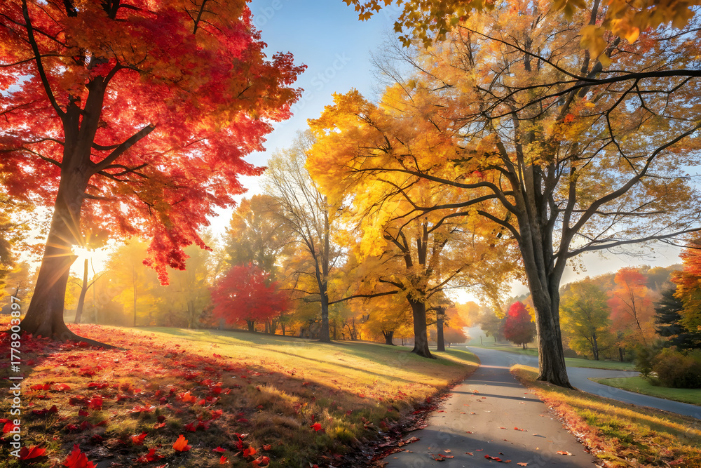 Naklejka premium autumn trees in the park,lake in autumn,warm autumn,tranquil autumn forest,minimalist autumn,wooden fence and fallen leaves,leaves are scattered on a wooden floor,autumn leaves