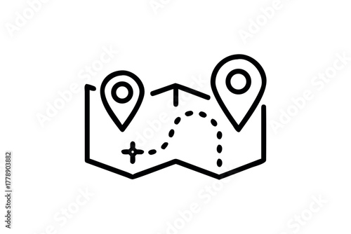 Simple line drawing of a map with two location pins and a dotted route