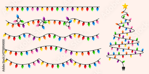 Vector image of Christmas lights. Festive decor and decoration made of colorful Christmas lights. Graphic element for your designs, Christmas cards, websites, banners, and posters.