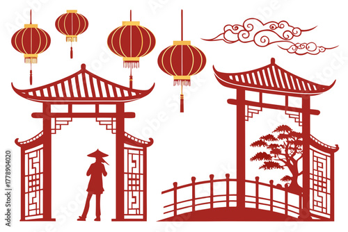 Chinese gate and lanterns silhouette vector illustration isolated on white background