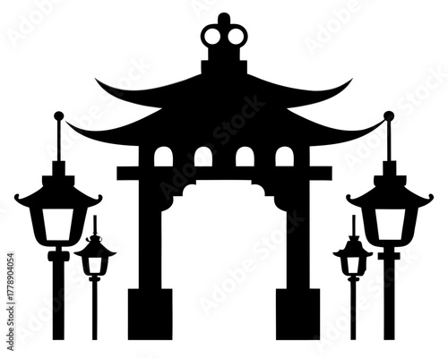 Chinese gate and lanterns silhouette vector illustration isolated on white background